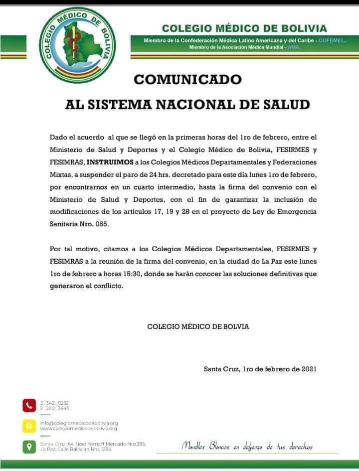 Colegio Médico de Bolivia declara cuarto intermedio en paro nacional decretado para este lunes