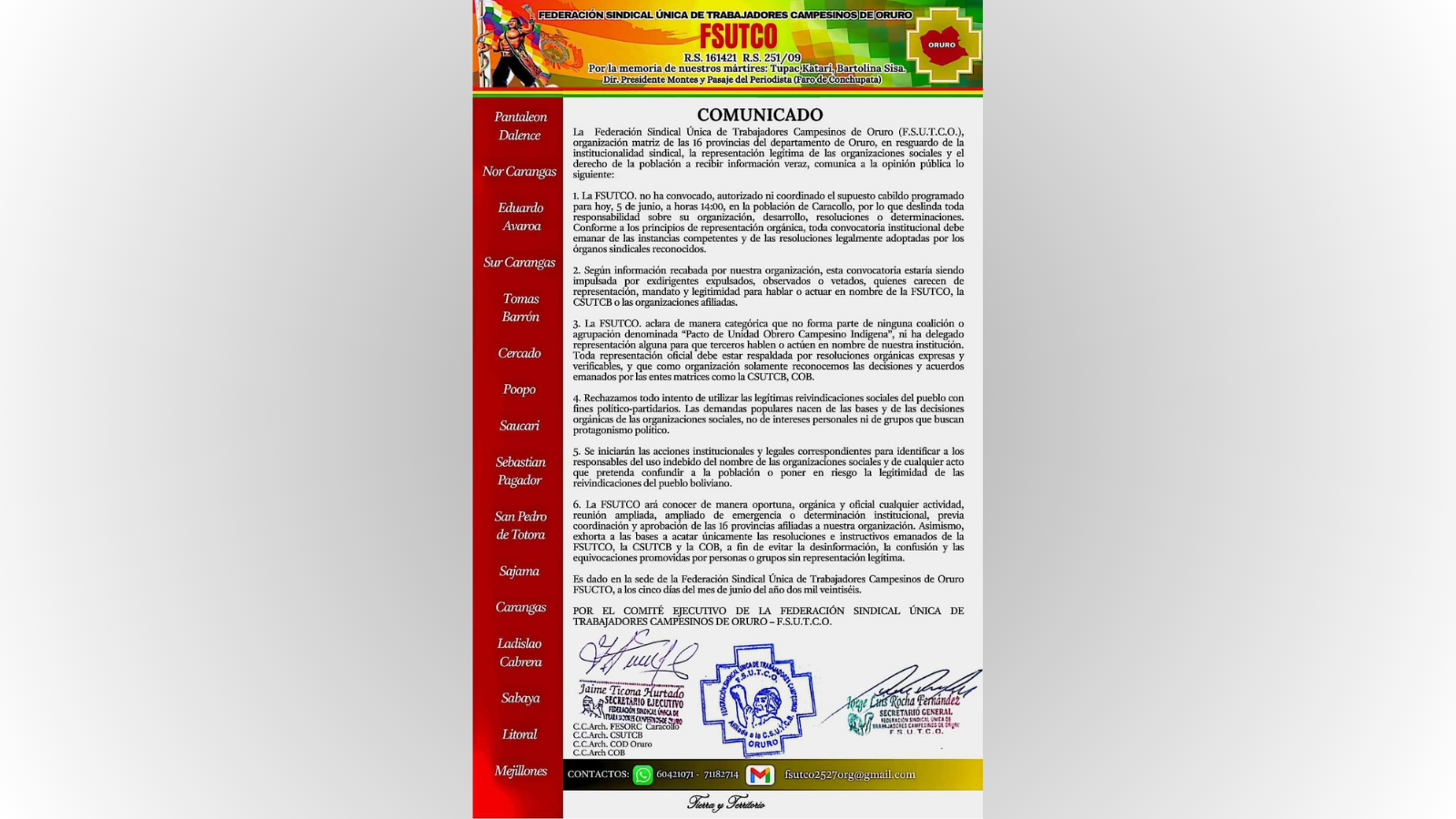 CAMPESINOS DE ORURO DESMIENTEN CONVOCATORIA A SUPUESTO CABILDO EN CARACOLLO 